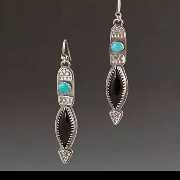 Silver Aztec or native style faux lapis Lazuli and turquoise boho drop earrings - Picture 1 of 5